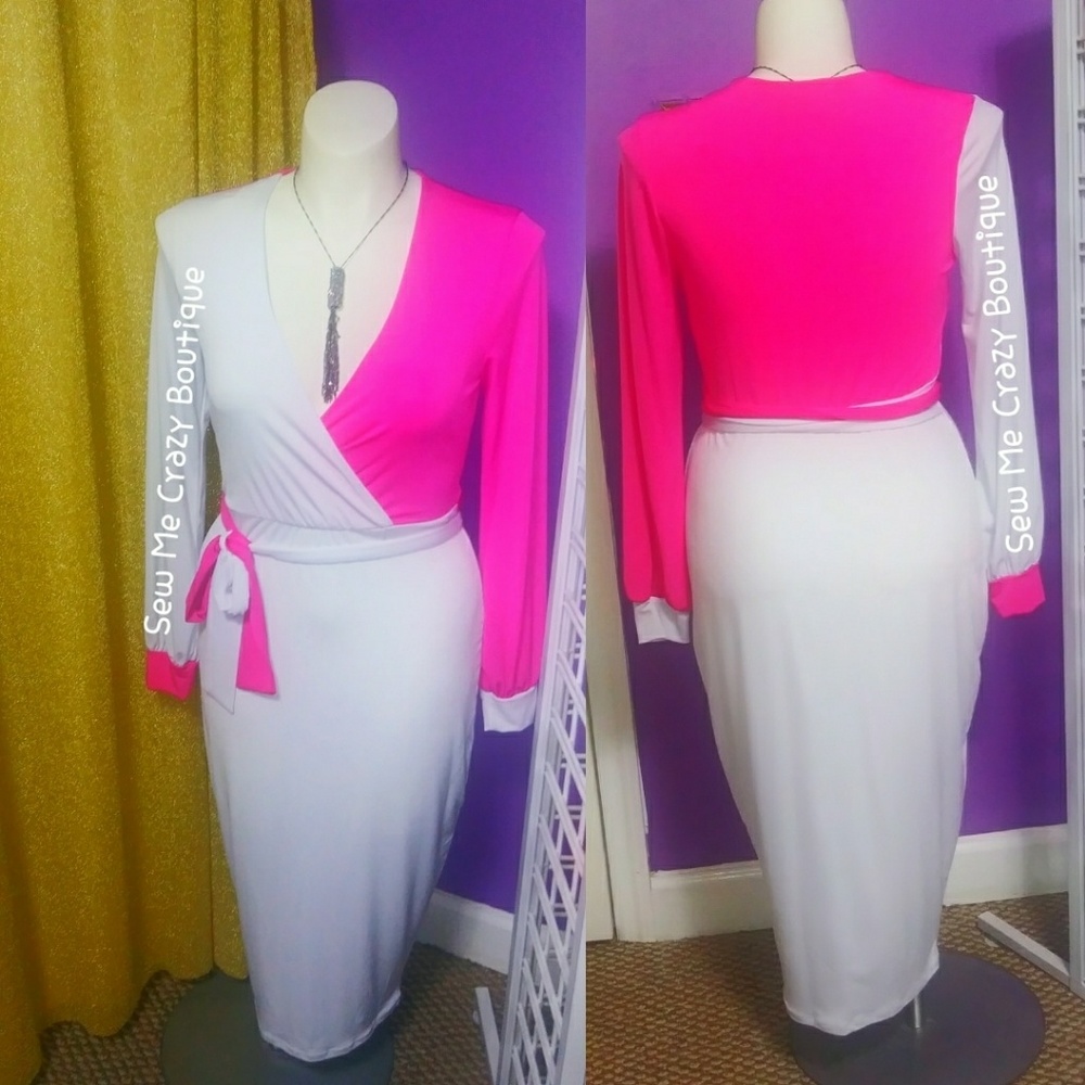 Pink and white long sleeve wrap dress